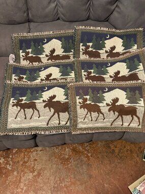 VTG 1990's Set Of 6 Woven Tapestry  Rustic Moose Fringed Placemats-Cotton-NEW